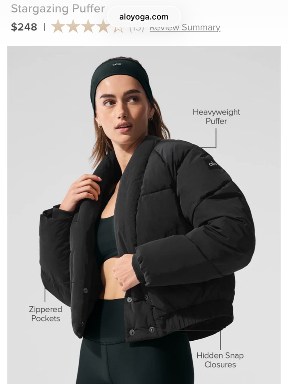 ALO Yoga Women's Dark Grey Shawl-Collar Puffer Jacket